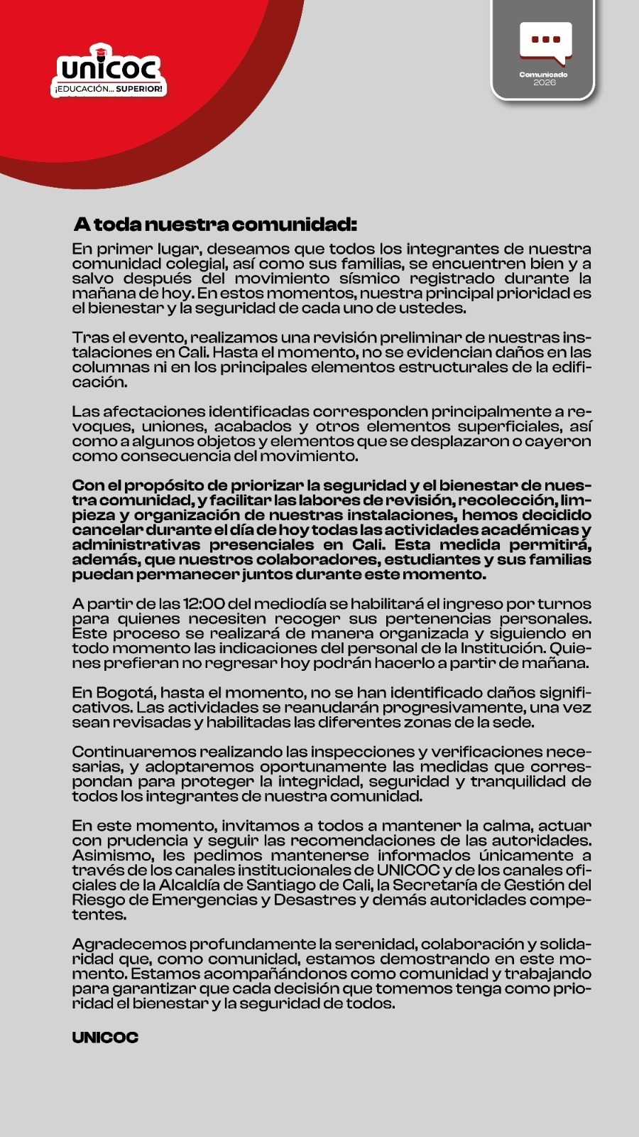 Documento oficial: Información inicial sobre la situación de nuestras sedes