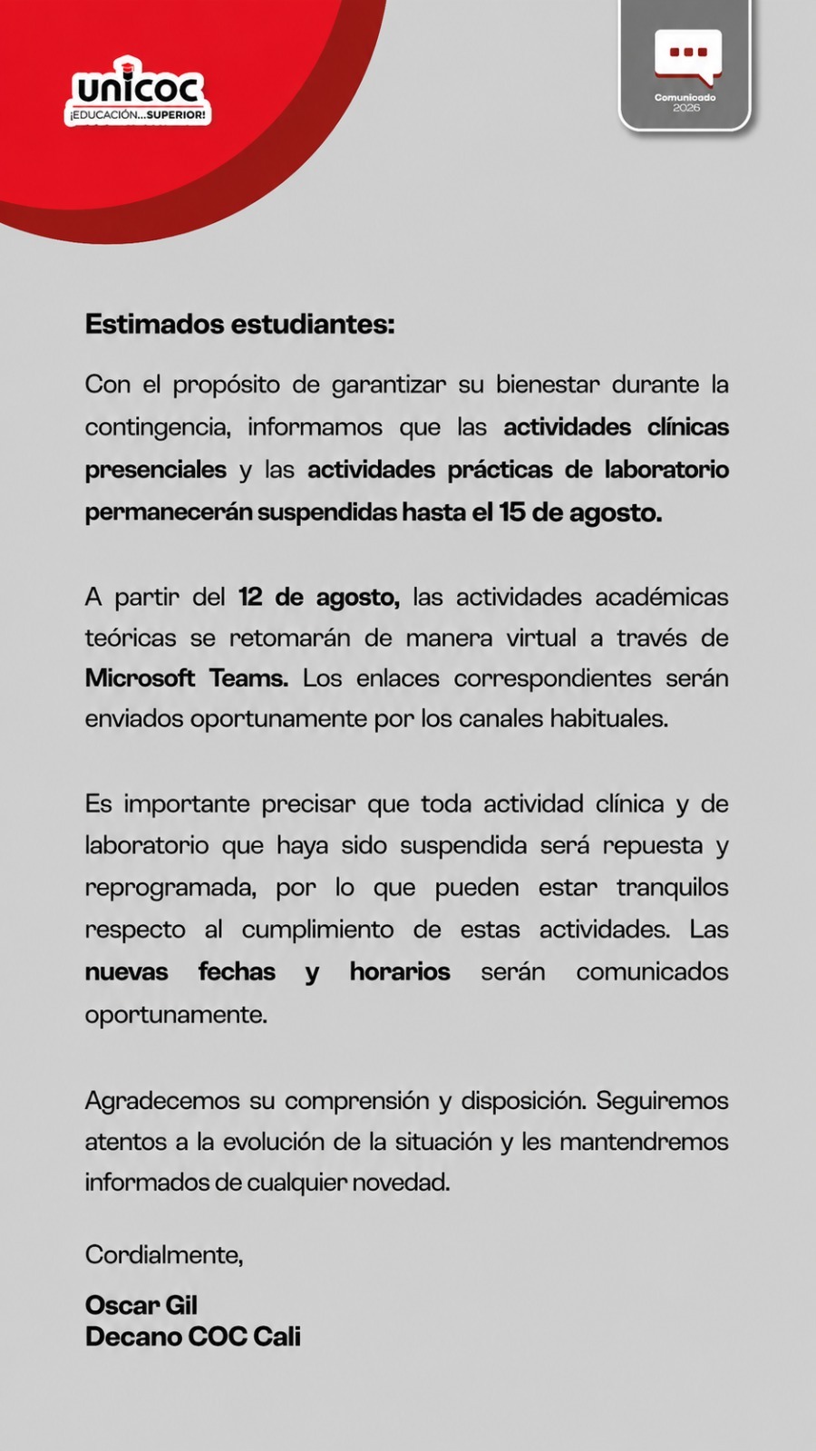 Documento oficial: Orientaciones sobre actividades clínicas, académicas y de laboratorio