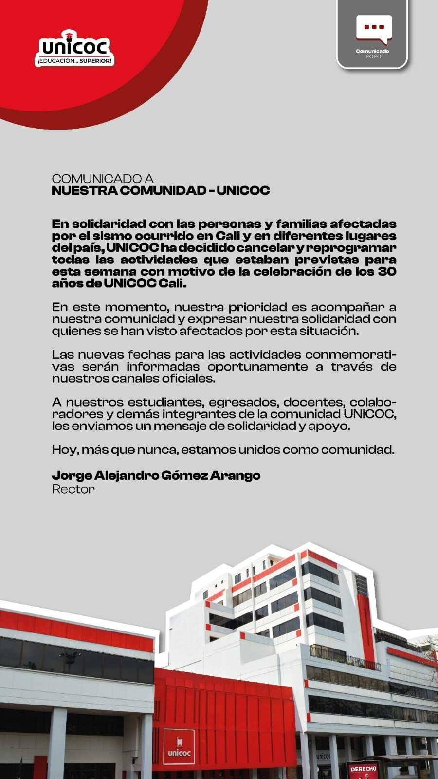 Documento oficial: Reprogramación de actividades por los 30 años de UNICOC Cali