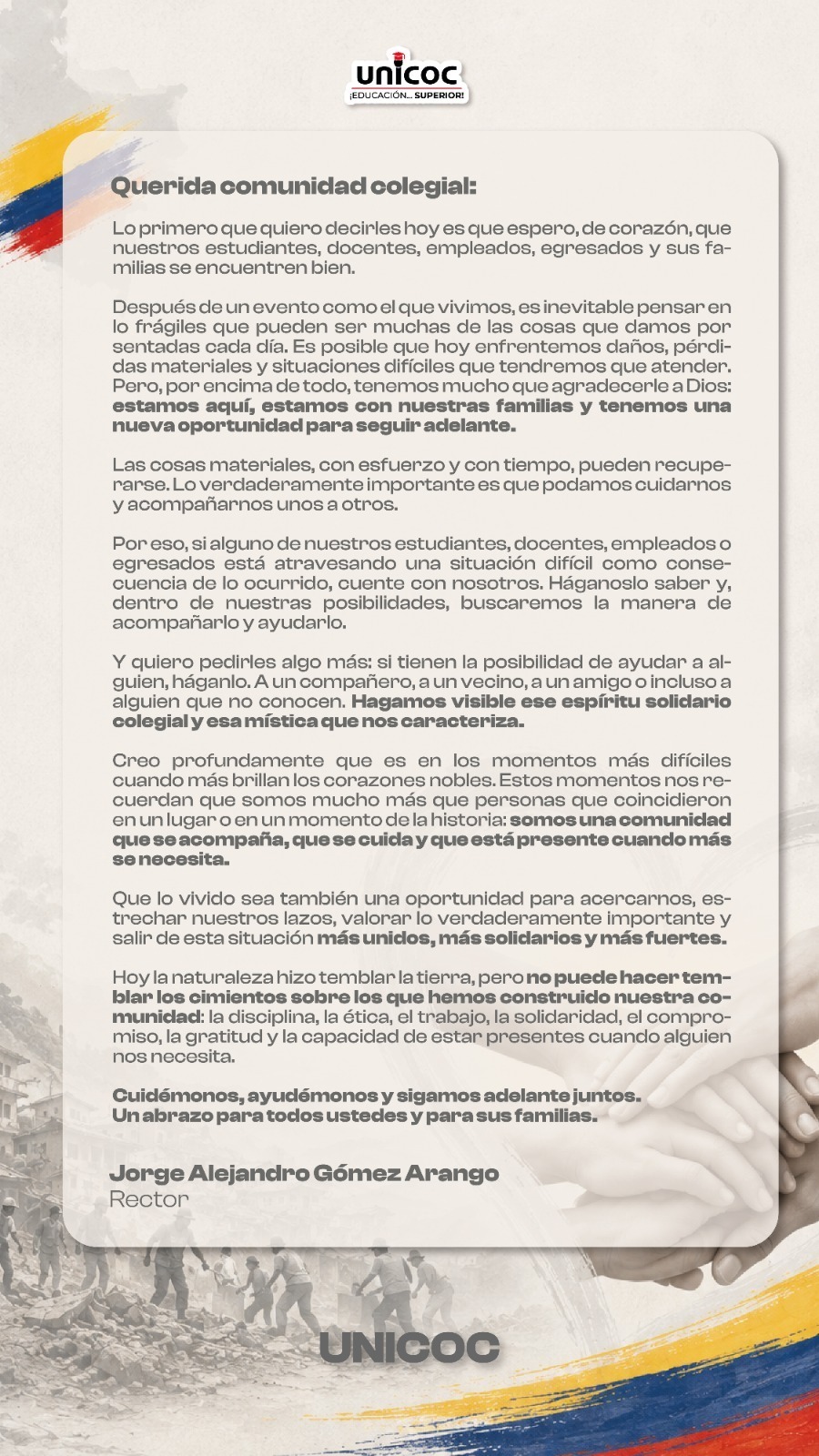 Documento oficial: Un mensaje para nuestra comunidad colegial