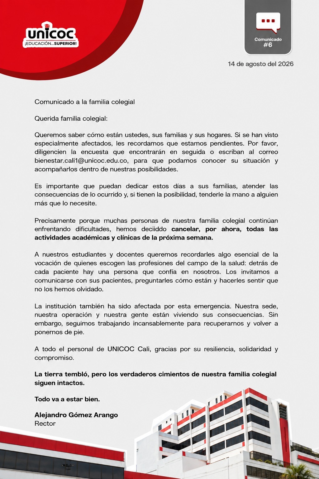 Documento oficial: Comunicado a la familia colegial
