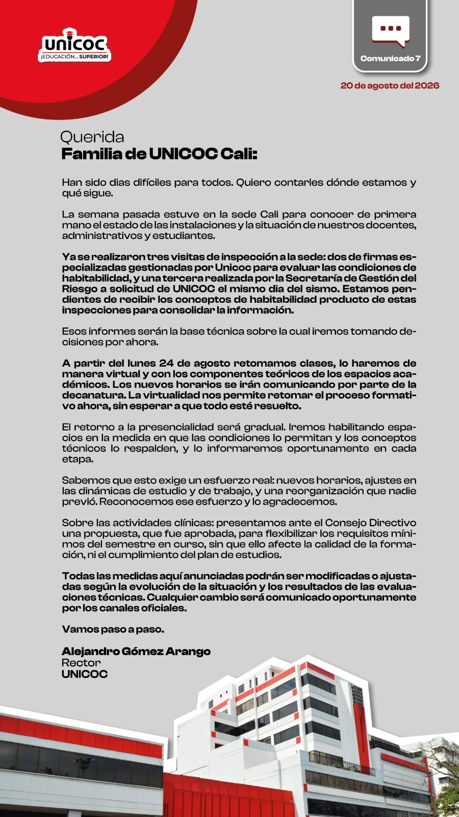 Documento oficial: UNICOC Cali avanza en el retorno gradual a clases con modalidad virtual desde el 24 de agosto