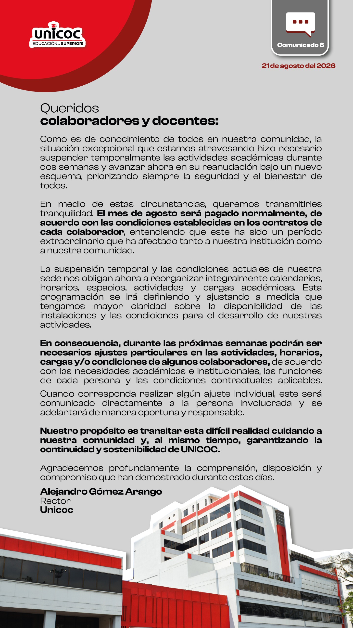 Documento oficial: UNICOC informa el pago normal de agosto y anuncia ajustes en la organización académica